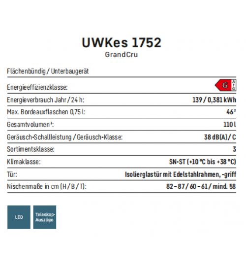 利勃海尔 酒柜 UWKes 1752 GrandCru 台下嵌入式